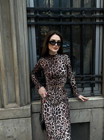 Bel Lastik Leopar Desen Nubuk Kadın Uzun Etek