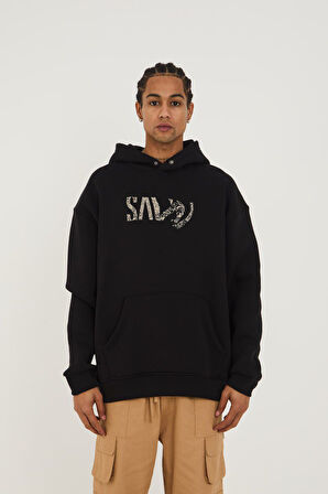 Kapüşonlu Ön Arka Saw Baskı Oversize Erkek Sweatshirt