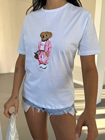0 Yaka Ayıcık Nakışlı Kadın Oversize T-Shirt