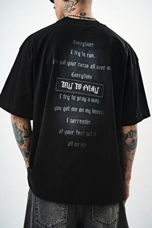 0 Yaka Baskılı Erkek Oversize T-Shirt