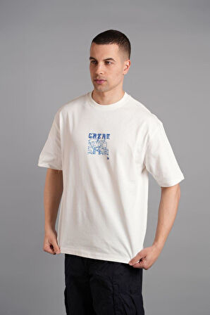 0 Yaka Nakışlı Great Baskılı Erkek Oversize T-Shirt