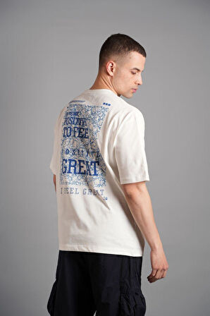 0 Yaka Nakışlı Great Baskılı Erkek Oversize T-Shirt