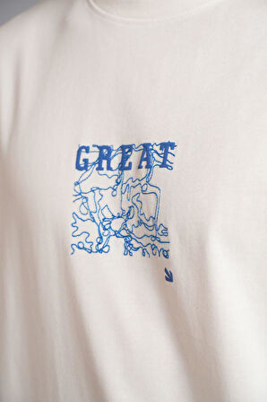 0 Yaka Nakışlı Great Baskılı Erkek Oversize T-Shirt
