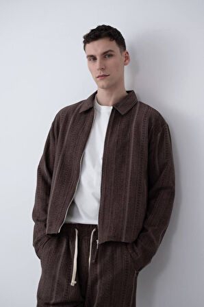 Yakalı İçi Astarlı Desenli Erkek Oversize Keten Ceket