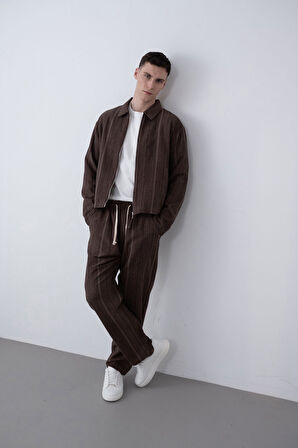 Yakalı İçi Astarlı Desenli Erkek Oversize Keten Ceket