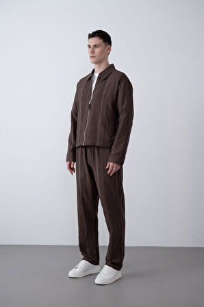 Yakalı İçi Astarlı Desenli Erkek Oversize Keten Ceket