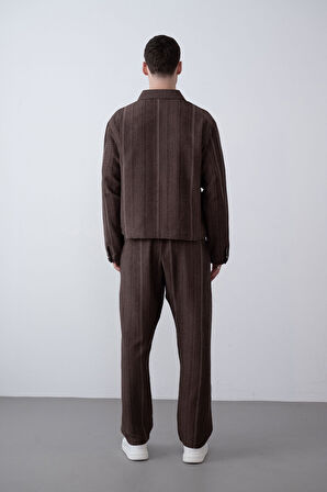 Yakalı İçi Astarlı Desenli Erkek Oversize Keten Ceket