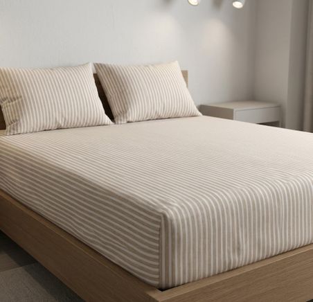 Belara Bej / Vizon Çizgili Lastikli Çarşaf Takımı Çift Kişilik 180x200+30 cm