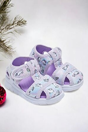 Lila Baskılı Kız Çocuk Sandalet