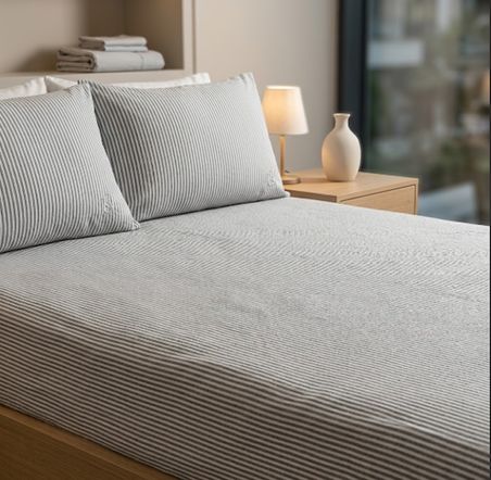 Belara Çarşaf Takımı 160x200 cm Gri Çizgili Lastikli Çift Kişilik 3 Parça Dört Mevsim