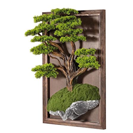 Bonsai Tablo - Masif Ahşap Çerçeveli 3 Boyutlu Yapay Ağaç Tablosu 65x100 Cm