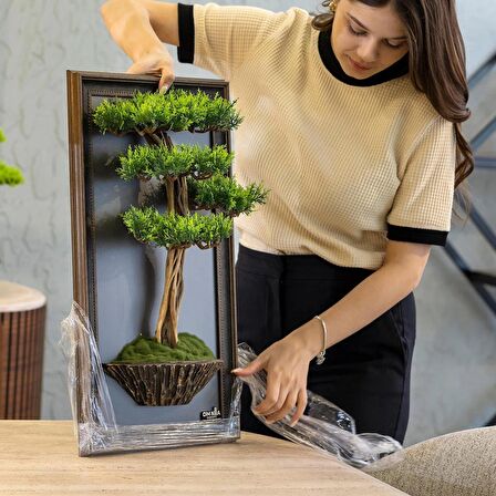 Bonsai Tablaeu - 1 - Mdf Plaka Üzerinde Çerçeveli 3 Boyutlu Yapay Ağaç Tablosu 33x60 Cm