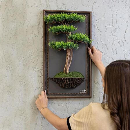 Bonsai Tablaeu - 1 - Mdf Plaka Üzerinde Çerçeveli 3 Boyutlu Yapay Ağaç Tablosu 33x60 Cm