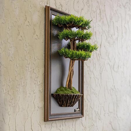 Bonsai Tablaeu - 1 - Mdf Plaka Üzerinde Çerçeveli 3 Boyutlu Yapay Ağaç Tablosu 33x60 Cm