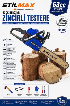 63CC Benzinli Motorlu Testere 20'' 50 cm 38 Diş Zincirli Ağaç Odun Kesme Dal Budama Zincir Testere
