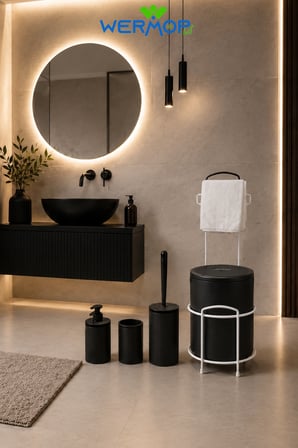 Lüks Siyah 5'lı Banyo Seti | Metal Standlı Tuvalet Kağıtlığı ve Şık Tasarım