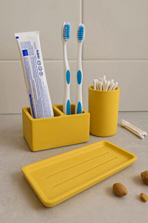 3 Parça Beton Banyo Seti – Diş Fırçalık, Kulak Çubuğu Kutusu ve 15x10 cm Tepsi | Minimalist Tasarım