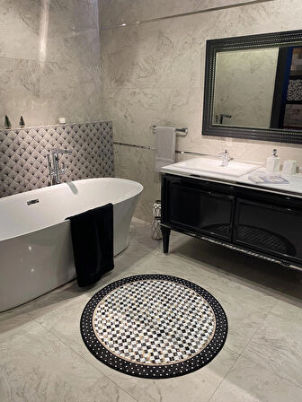 Robert Dama Desen Saçaksız Yuvarlak Banyo Paspası - Siyah Ebat 100x100