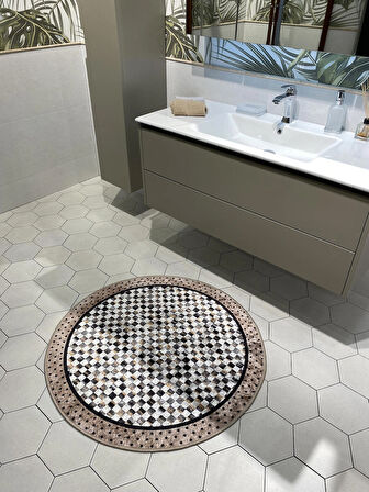 Robert Dama Desen Saçaksız Yuvarlak Banyo Paspası - Kahverengi Ebat 100x100