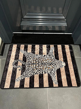 Leopar Desen Çizgili Tekli Banyo Paspası - Bej-kahverengi Ebat (60x100)