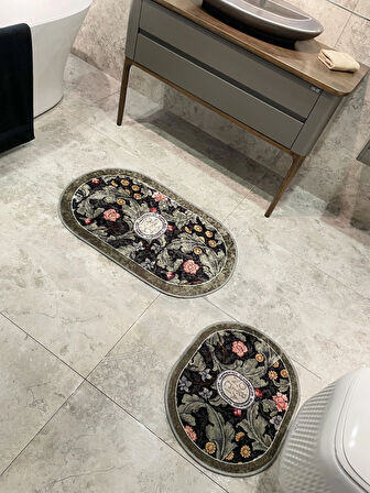 2 li Çiçek Desenli 60x100 - 60x50 Botanic Lateks Taban Banyo Paspas