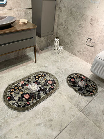 2 li Çiçek Desenli 60x100 - 60x50 Botanic Lateks Taban Banyo Paspas