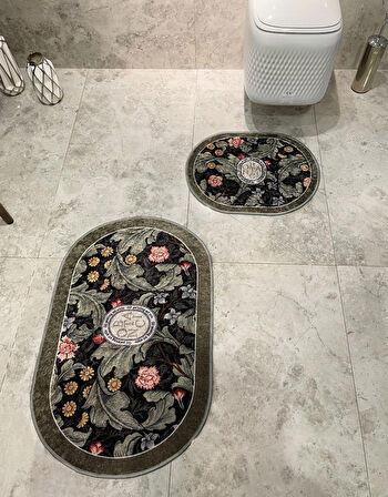 2 li Çiçek Desenli 60x100 - 60x50 Botanic Lateks Taban Banyo Paspas