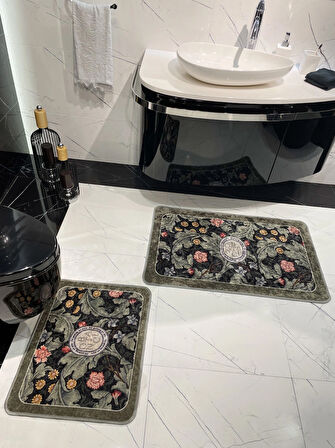 2 li Çiçek Desenli 60x100 - 60x50 Botanic Lateks Taban Banyo Paspas