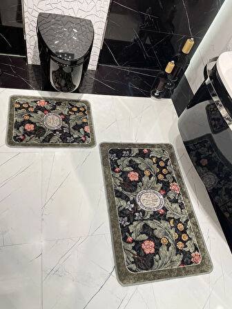 2 li Çiçek Desenli 60x100 - 60x50 Botanic Lateks Taban Banyo Paspas