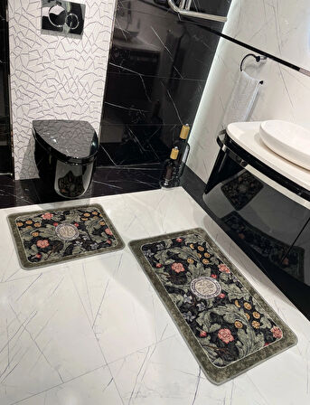 2 li Çiçek Desenli 60x100 - 60x50 Botanic Lateks Taban Banyo Paspas