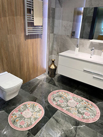 2 li Çiçek Desenli 60x100 - 60x50 Botanic Lateks Taban Banyo Paspas