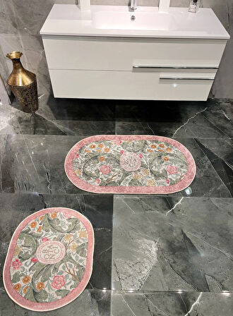 2 li Çiçek Desenli 60x100 - 60x50 Botanic Lateks Taban Banyo Paspas