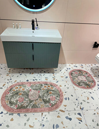 2 li Çiçek Desenli 60x100 - 60x50 Botanic Lateks Taban Banyo Paspas