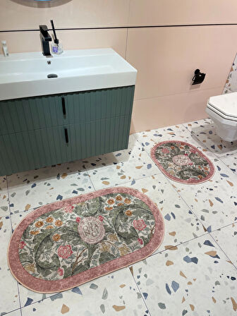 2 li Çiçek Desenli 60x100 - 60x50 Botanic Lateks Taban Banyo Paspas