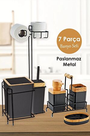 Metal Standlı Ahşap Desenli Wc Kağıtlık 7 Parça Lüx Banyo Seti Siyah-3 Adet Duş Lifi Hediyeli