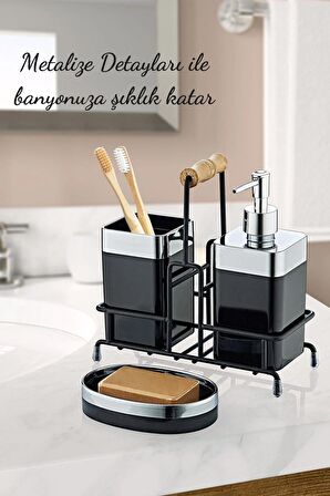 Metal Standlı Krom Detaylı Banyo Seti Siyah- Sıvı Sabunluk Katı Sabunluk Diş Fırçalık