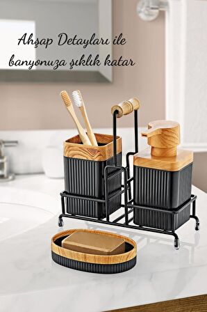 Metal Standlı Ahşap Detaylı Banyo Seti- Sıvı Sabunluk Katı Sabunluk Diş Fırçalık