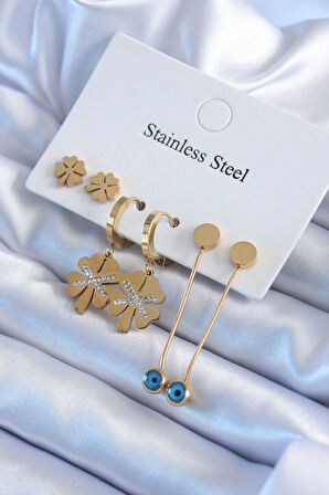 316L Çelik Gold Renk Zirkon Taşlı Yonca Model Kadın Küpe Seti - TJ-BKP8002