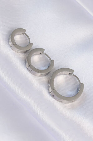 316L Çelik Gümüş Renk Zirkon Taşlı Model 3lü Halka Küpe - TJ-BKP9008