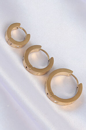 316L Çelik Gold Renk Zirkon Taşlı Model 3lü Halka Küpe - TJ-BKP9009