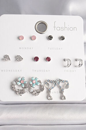 Pirinç Gümüş Renk Renkli Zirkon Taşlı Daire Çiçek Figür Sallantı Kalp Detay 7 Çift Kadın Küpe Seti - TJ-BKP10189