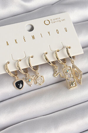 Pirinç Gold Renk Zirkon Taşlı Çoklu Sallantı Figür VIP Seri Kadın Küpe Seti - TJ-BKP10215