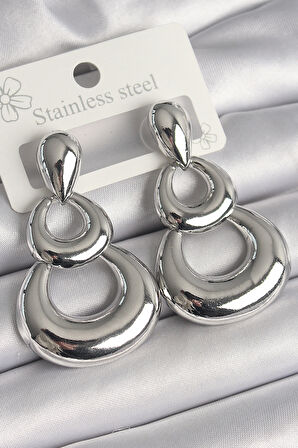 Pirinç Gümüş Renk Damla Detay Sallantı Halka Model Kadın Küpe - TJ-BKP10228