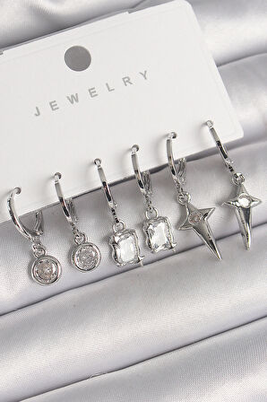 Pirinç Gümüş Renk Sallantı Kare Zirkon Taşlı Yıldız Model Kadın Küpe Seti - TJ-BKP10279