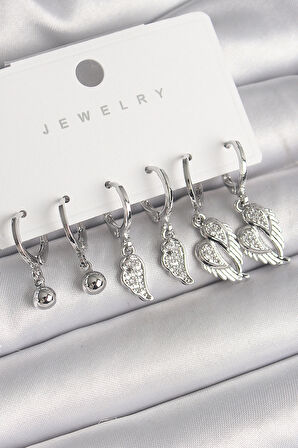 Pirinç Gümüş Renk Sallantı Zirkon Taşlı Kanat Model Topçuk Detay Kadın Küpe Seti - TJ-BKP10285