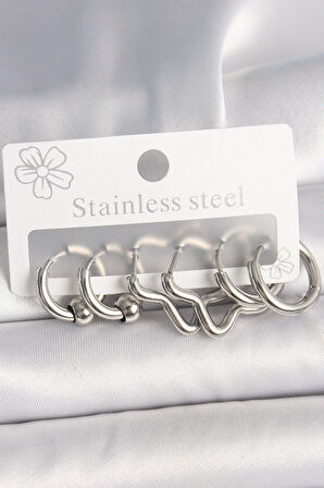 316L Çelik Gümüş Renk Halka Yıldız Model Kadın Küpe Seti - TJ-BKP10382