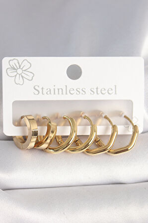 316L Çelik Gold Renk Geometrik Halka Model Kadın Küpe Seti - TJ-BKP10391