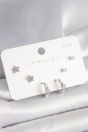 925 Ayar Gümüş Çivi Pirinç Gümüş Renk Zirkon Taşlı Yıldız Model Kadın Küpe Seti - TJ-BKP10396