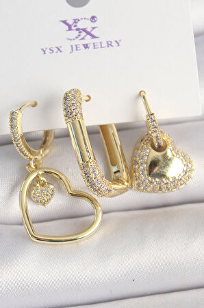 Pirinç Gold Renk Zirkon Taşlı Sallantı Kalp Model 3'Lü Kadın Kombin Küpe - TJ-BKP10441