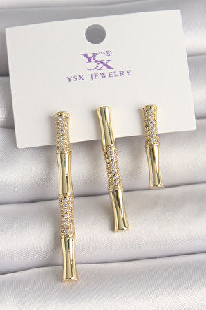 Pirinç Gold Renk Zirkon Taşlı Bambu Model 3'Lü Kadın Kombin Küpe - TJ-BKP10463